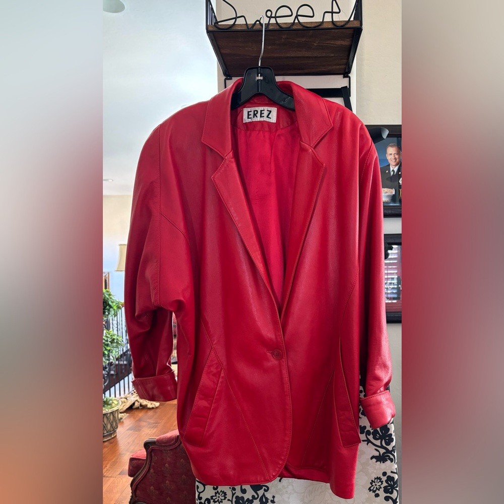 Vintage Erez red buttery soft leather coat with one button closure. Size small